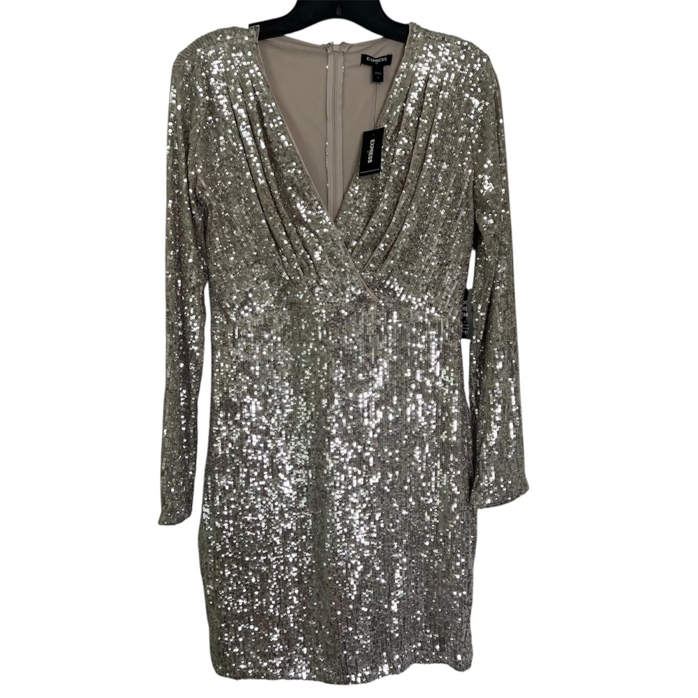 Express Silver Sequin Embroidered V Neck Long Sleeve Formal Party Dress Size S